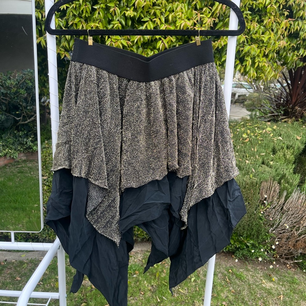Metallic Black Layered Handkerchief Hem Skirt